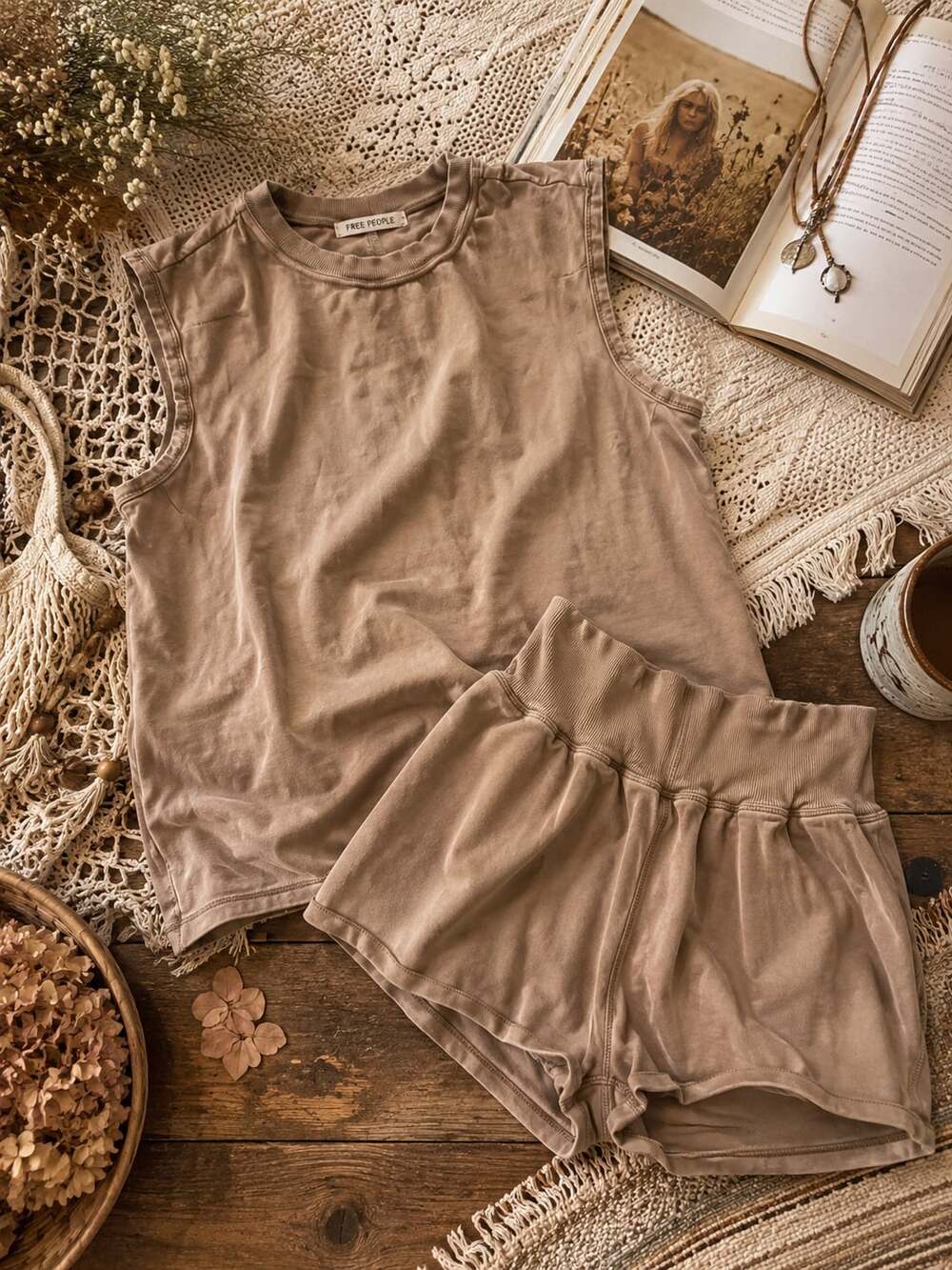 Free People Women's Taupe Shorts and Sleeveless Top Set (r1)